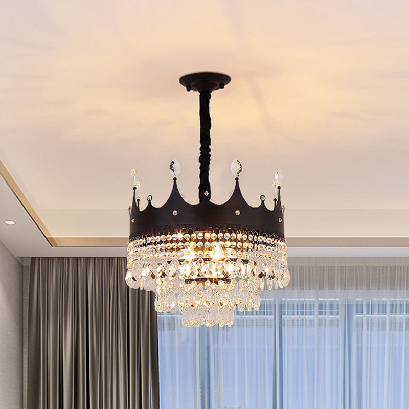Crown Shape Metal Suspension Lighting Contemporary 4 Bulbs Black Finish Pendant Chandelier with Crystal Droplet Black A Clearhalo 'Ceiling Lights' 'Chandeliers' 'Modern Chandeliers' 'Modern' Lighting' 979618