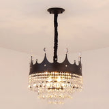 Crown Shape Metal Suspension Lighting Contemporary 4 Bulbs Black Finish Pendant Chandelier with Crystal Droplet Clearhalo 'Ceiling Lights' 'Chandeliers' 'Modern Chandeliers' 'Modern' Lighting' 979619