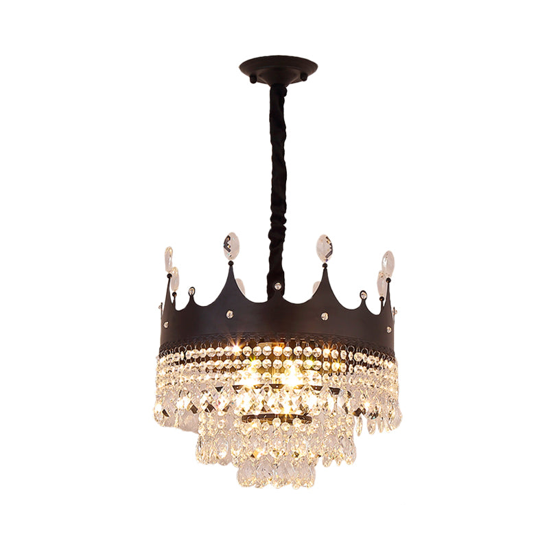 Crown Shape Metal Suspension Lighting Contemporary 4 Bulbs Black Finish Pendant Chandelier with Crystal Droplet Clearhalo 'Ceiling Lights' 'Chandeliers' 'Modern Chandeliers' 'Modern' Lighting' 979620