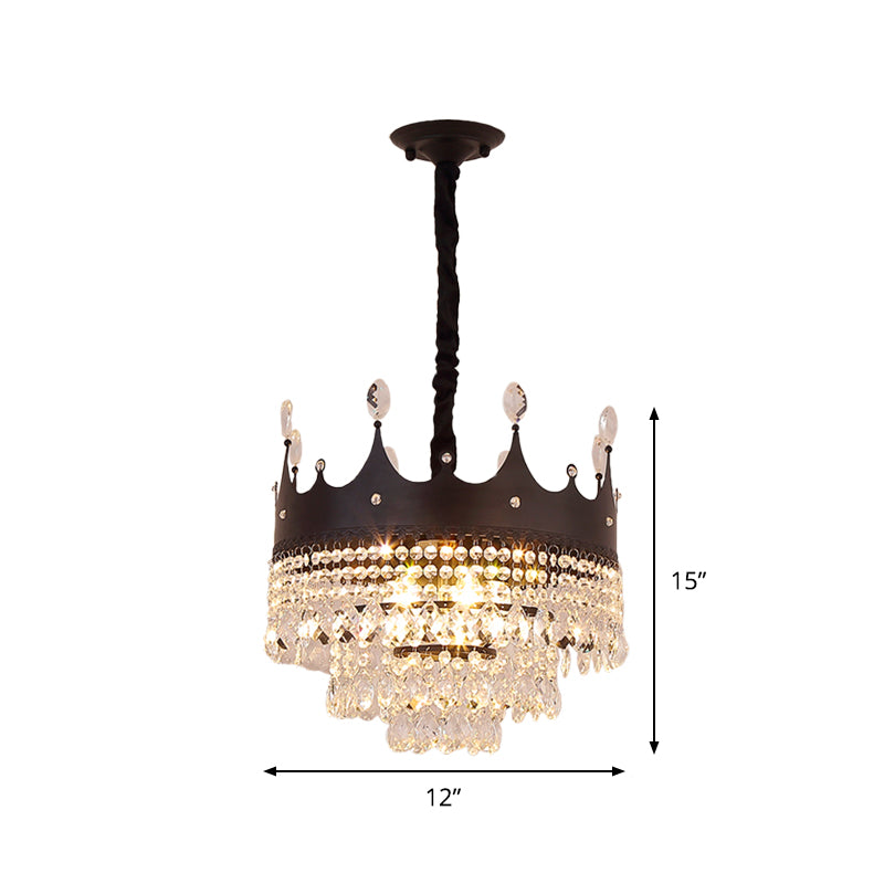 Crown Shape Metal Suspension Lighting Contemporary 4 Bulbs Black Finish Pendant Chandelier with Crystal Droplet Clearhalo 'Ceiling Lights' 'Chandeliers' 'Modern Chandeliers' 'Modern' Lighting' 979621