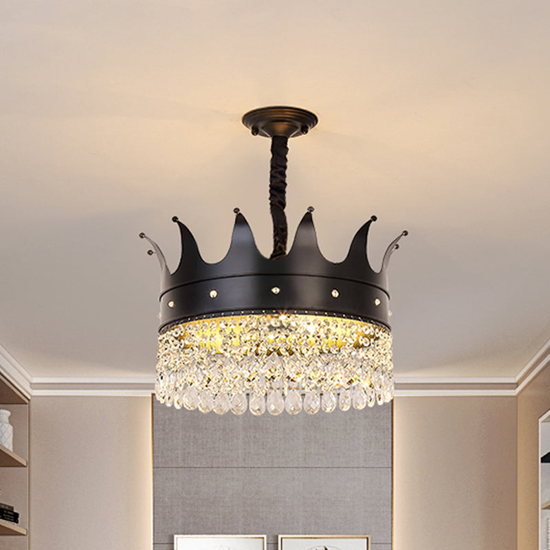 Crown Shape Metal Suspension Lighting Contemporary 4 Bulbs Black Finish Pendant Chandelier with Crystal Droplet Black B Clearhalo 'Ceiling Lights' 'Chandeliers' 'Modern Chandeliers' 'Modern' Lighting' 979622
