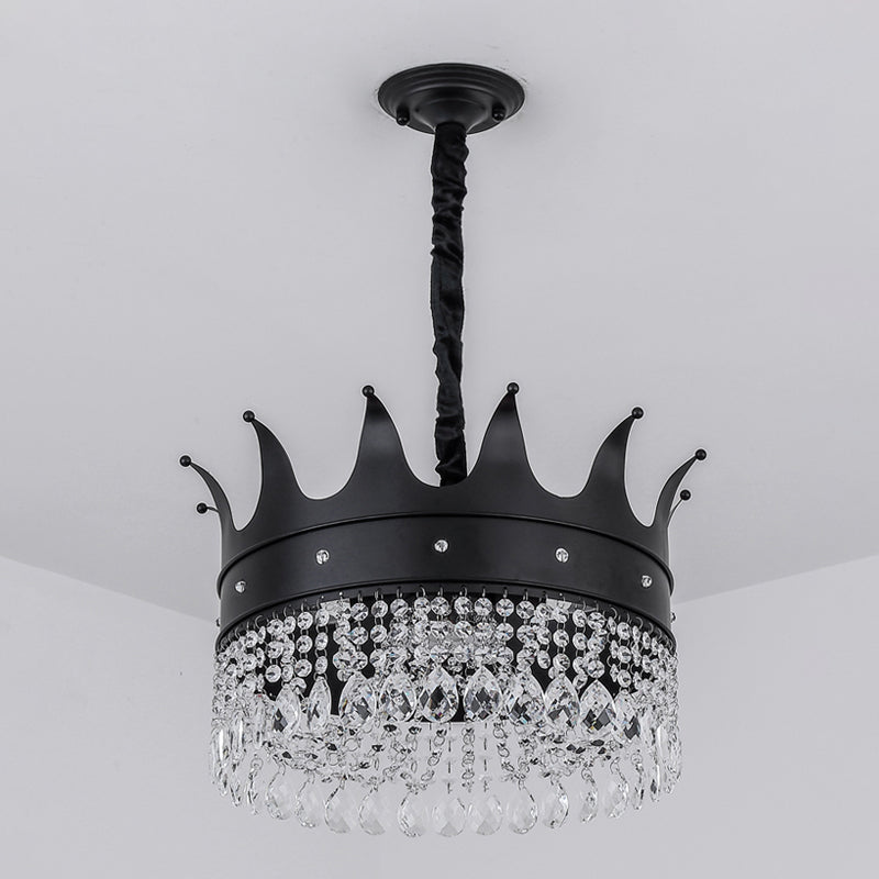 Crown Shape Metal Suspension Lighting Contemporary 4 Bulbs Black Finish Pendant Chandelier with Crystal Droplet Clearhalo 'Ceiling Lights' 'Chandeliers' 'Modern Chandeliers' 'Modern' Lighting' 979623