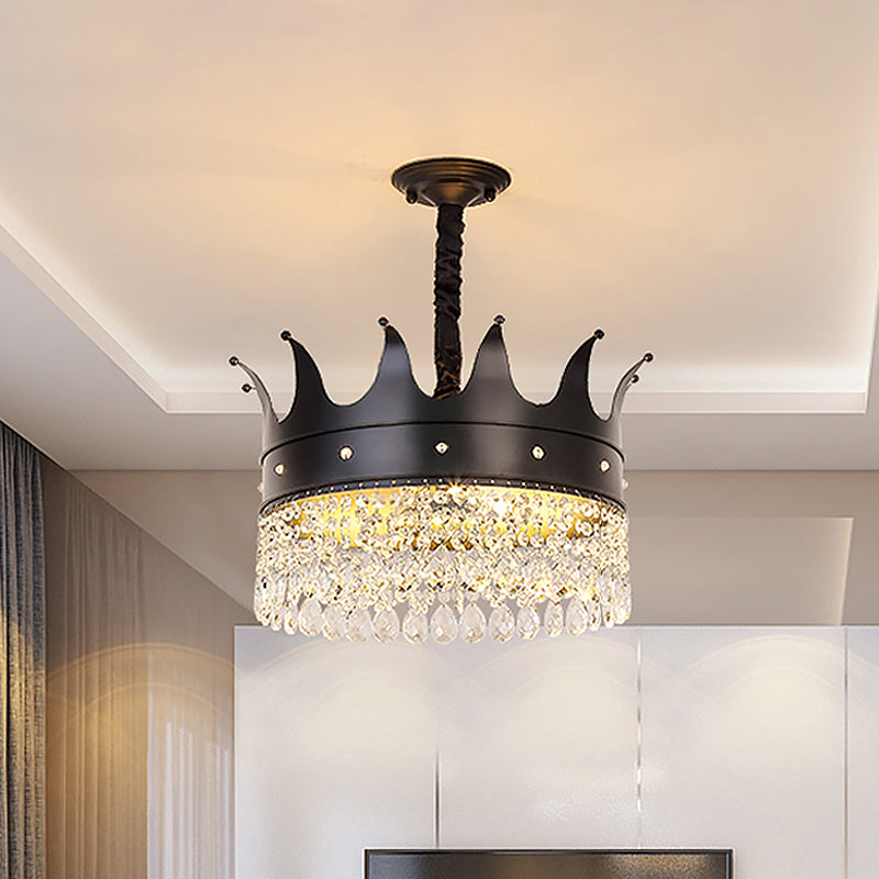 Crown Shape Metal Suspension Lighting Contemporary 4 Bulbs Black Finish Pendant Chandelier with Crystal Droplet Clearhalo 'Ceiling Lights' 'Chandeliers' 'Modern Chandeliers' 'Modern' Lighting' 979624