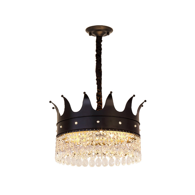 Crown Shape Metal Suspension Lighting Contemporary 4 Bulbs Black Finish Pendant Chandelier with Crystal Droplet Clearhalo 'Ceiling Lights' 'Chandeliers' 'Modern Chandeliers' 'Modern' Lighting' 979625