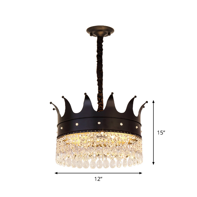 Crown Shape Metal Suspension Lighting Contemporary 4 Bulbs Black Finish Pendant Chandelier with Crystal Droplet Clearhalo 'Ceiling Lights' 'Chandeliers' 'Modern Chandeliers' 'Modern' Lighting' 979626