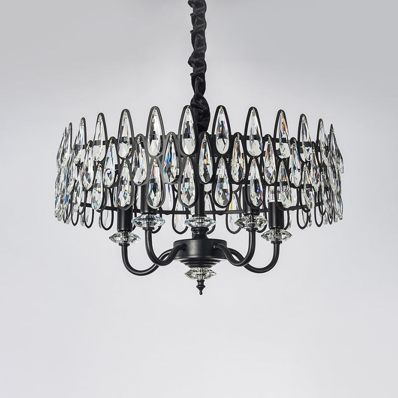 Black Teardrop Ceiling Chandelier with Drum Design Modernism 4-Light Faceted Crystal Hanging Pendant Lamp Clearhalo 'Ceiling Lights' 'Chandeliers' 'Modern Chandeliers' 'Modern' Lighting' 979629