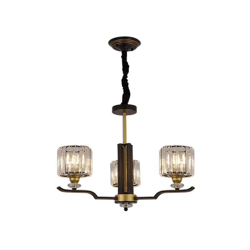 Crystal Block Cylinder Hanging Lighting Post Modern 3/6 Heads Black and Gold Pendant Chandelier Clearhalo 'Ceiling Lights' 'Chandeliers' 'Modern Chandeliers' 'Modern' Lighting' 979645