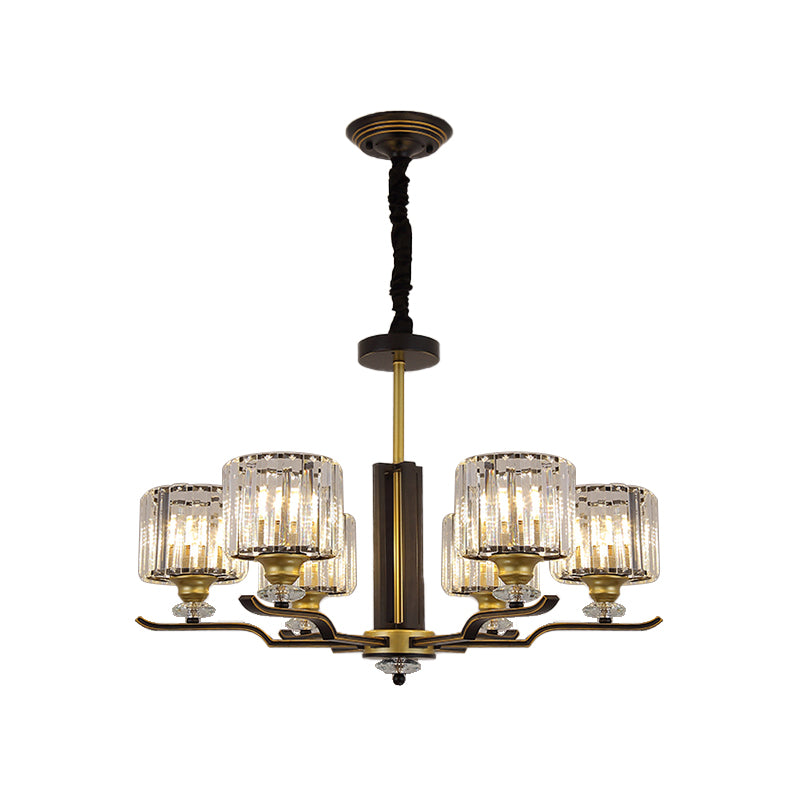 Crystal Block Cylinder Hanging Lighting Post Modern 3/6 Heads Black and Gold Pendant Chandelier Clearhalo 'Ceiling Lights' 'Chandeliers' 'Modern Chandeliers' 'Modern' Lighting' 979650