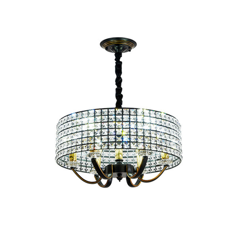Drum Chandelier Pendant Light Minimalist Crystal-Encrusted 6-Light Dining Room Hanging Lamp in Black Clearhalo 'Ceiling Lights' 'Chandeliers' 'Modern Chandeliers' 'Modern' Lighting' 979658