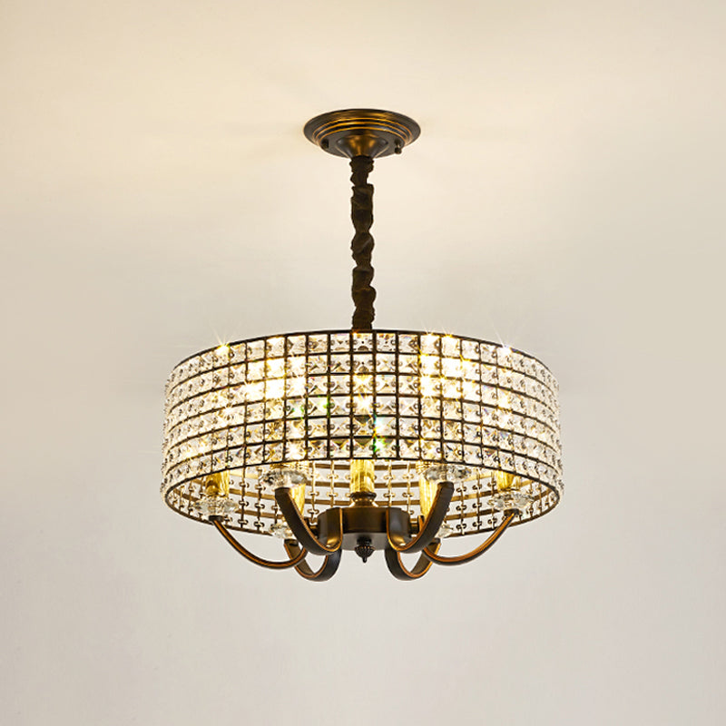 Drum Chandelier Pendant Light Minimalist Crystal-Encrusted 6-Light Dining Room Hanging Lamp in Black Clearhalo 'Ceiling Lights' 'Chandeliers' 'Modern Chandeliers' 'Modern' Lighting' 979659