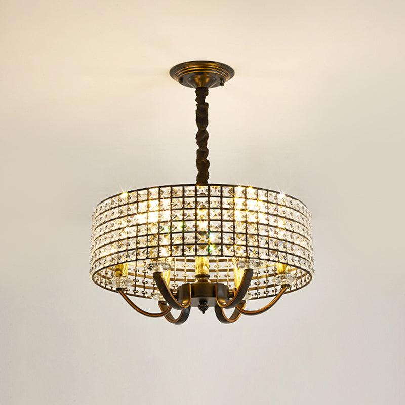 Drum Chandelier Pendant Light Minimalist Crystal-Encrusted 6-Light Dining Room Hanging Lamp in Black Clearhalo 'Ceiling Lights' 'Chandeliers' 'Modern Chandeliers' 'Modern' Lighting' 979659