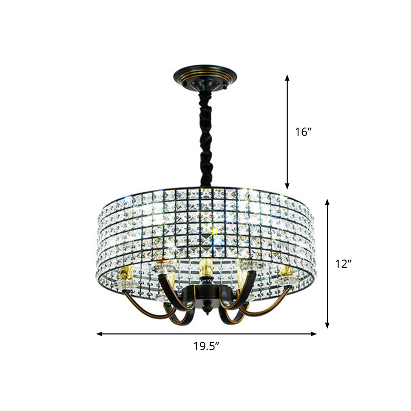Drum Chandelier Pendant Light Minimalist Crystal-Encrusted 6-Light Dining Room Hanging Lamp in Black Clearhalo 'Ceiling Lights' 'Chandeliers' 'Modern Chandeliers' 'Modern' Lighting' 979660