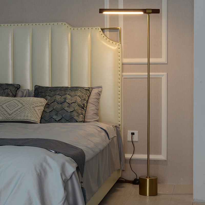 Modernist Tubular Adjustable Floor Lamp Metallic LED Bedroom Standing Lighting with Wood Design in Gold, Warm/White Light Gold Clearhalo 'Floor Lamps' 'Lamps' Lighting' 979858_de39e8f6-208a-44c5-ae98-2f3144518fb8