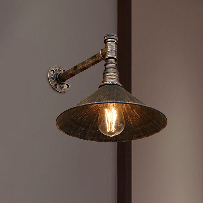 Antique Brass Cone Wall Sconce Farmhouse Style Metallic 1 Head Dining Room Wall Lighting Fixture with Pipe Clearhalo 'Art deco wall lights' 'Cast Iron' 'Glass' 'Industrial wall lights' 'Industrial' 'Middle century wall lights' 'Modern' 'Rustic wall lights' 'Tiffany' 'Traditional wall lights' 'Wall Lamps & Sconces' 'Wall Lights' Lighting' 980645