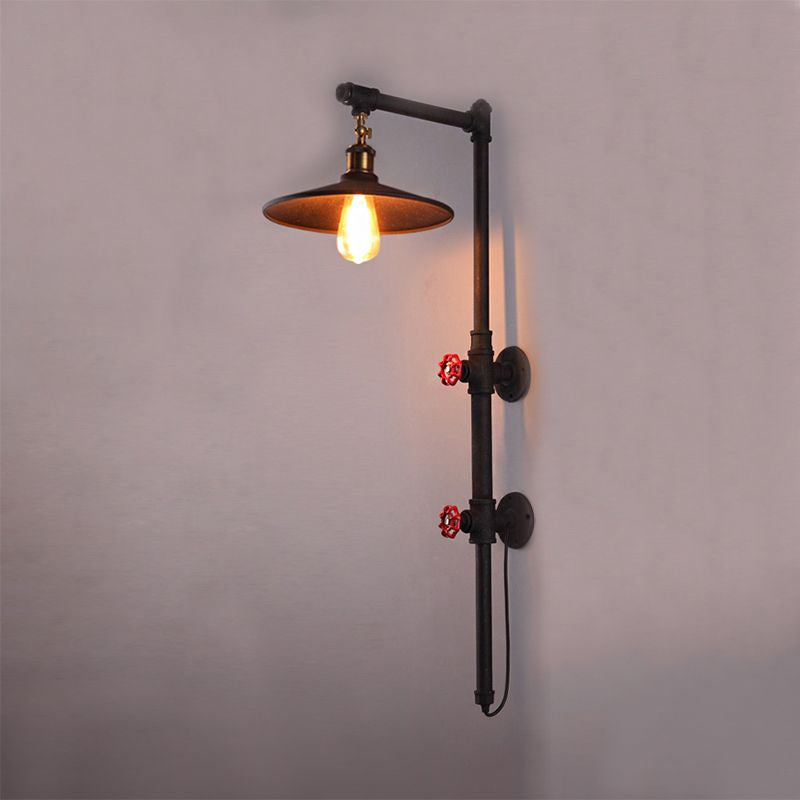1 Light Flat Wall Sconce Lighting with Pipe and Angle Arm Industrial Style Black Metallic Wall Lamp Clearhalo 'Art deco wall lights' 'Cast Iron' 'Glass' 'Industrial wall lights' 'Industrial' 'Middle century wall lights' 'Modern' 'Rustic wall lights' 'Tiffany' 'Traditional wall lights' 'Wall Lamps & Sconces' 'Wall Lights' Lighting' 980649