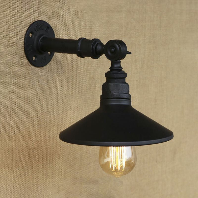 Black/Aged Silver Cone Wall Lamp with Pipe Industrial Style Metal 1 Light Dining Room Adjustable Sconce Lighting Clearhalo 'Art deco wall lights' 'Cast Iron' 'Glass' 'Industrial wall lights' 'Industrial' 'Middle century wall lights' 'Modern' 'Rustic wall lights' 'Tiffany' 'Traditional wall lights' 'Wall Lamps & Sconces' 'Wall Lights' Lighting' 980650