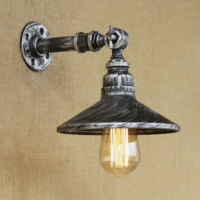 Black/Aged Silver Cone Wall Lamp with Pipe Industrial Style Metal 1 Light Dining Room Adjustable Sconce Lighting Clearhalo 'Art deco wall lights' 'Cast Iron' 'Glass' 'Industrial wall lights' 'Industrial' 'Middle century wall lights' 'Modern' 'Rustic wall lights' 'Tiffany' 'Traditional wall lights' 'Wall Lamps & Sconces' 'Wall Lights' Lighting' 980651