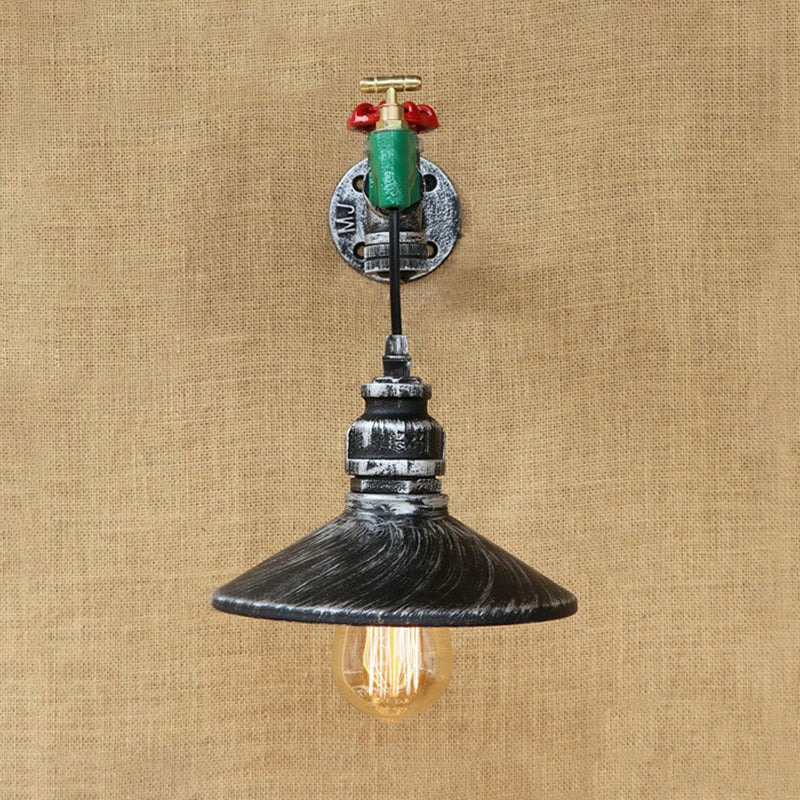 Steampunk Faucet Sconce Lighting Fixture with Conic Shade 1 Bulb Wrought Iron Wall Light in Aged Silver Clearhalo 'Art deco wall lights' 'Cast Iron' 'Glass' 'Industrial wall lights' 'Industrial' 'Middle century wall lights' 'Modern' 'Rustic wall lights' 'Tiffany' 'Traditional wall lights' 'Wall Lamps & Sconces' 'Wall Lights' Lighting' 980652