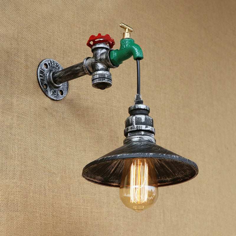 Steampunk Faucet Sconce Lighting Fixture with Conic Shade 1 Bulb Wrought Iron Wall Light in Aged Silver Clearhalo 'Art deco wall lights' 'Cast Iron' 'Glass' 'Industrial wall lights' 'Industrial' 'Middle century wall lights' 'Modern' 'Rustic wall lights' 'Tiffany' 'Traditional wall lights' 'Wall Lamps & Sconces' 'Wall Lights' Lighting' 980653