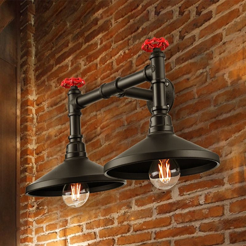 Industrial Cone Wall Mounted Light with Red Valve 2 Heads Metal Wall Lamp in Black for Hallway Clearhalo 'Art deco wall lights' 'Cast Iron' 'Glass' 'Industrial wall lights' 'Industrial' 'Middle century wall lights' 'Modern' 'Rustic wall lights' 'Tiffany' 'Traditional wall lights' 'Wall Lamps & Sconces' 'Wall Lights' Lighting' 980661