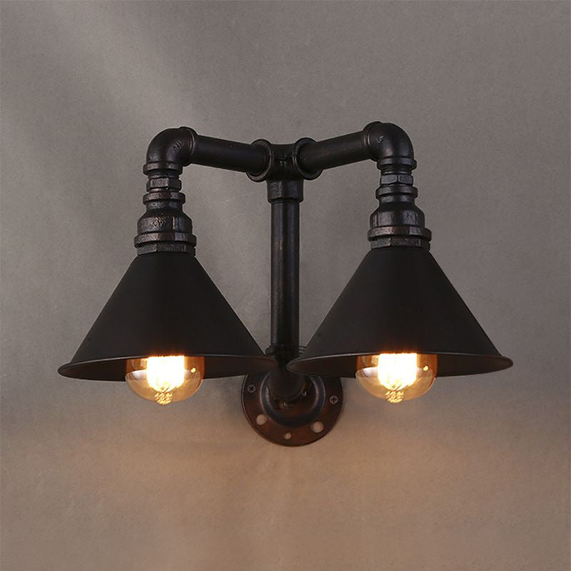 Vintage Style Cone Wall Lamp with Water Pipe 2 Lights Metallic Wall Sconce Light in Black, 14.5/18.5" Width Clearhalo 'Art deco wall lights' 'Cast Iron' 'Glass' 'Industrial wall lights' 'Industrial' 'Middle century wall lights' 'Modern' 'Rustic wall lights' 'Tiffany' 'Traditional wall lights' 'Wall Lamps & Sconces' 'Wall Lights' Lighting' 980662