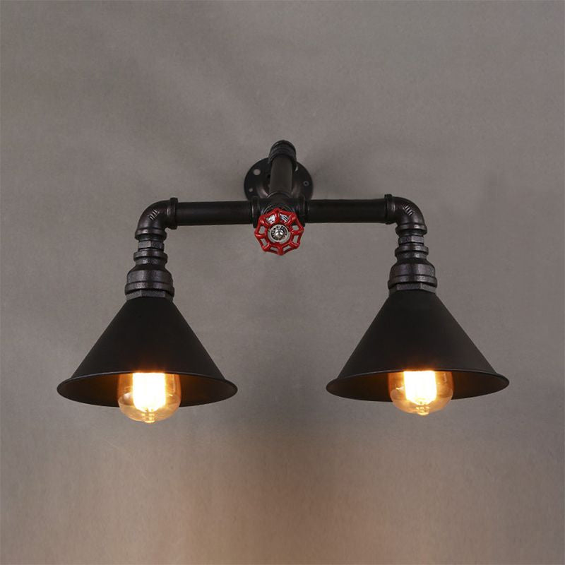 Vintage Style Cone Wall Lamp with Water Pipe 2 Lights Metallic Wall Sconce Light in Black, 14.5/18.5" Width Clearhalo 'Art deco wall lights' 'Cast Iron' 'Glass' 'Industrial wall lights' 'Industrial' 'Middle century wall lights' 'Modern' 'Rustic wall lights' 'Tiffany' 'Traditional wall lights' 'Wall Lamps & Sconces' 'Wall Lights' Lighting' 980663