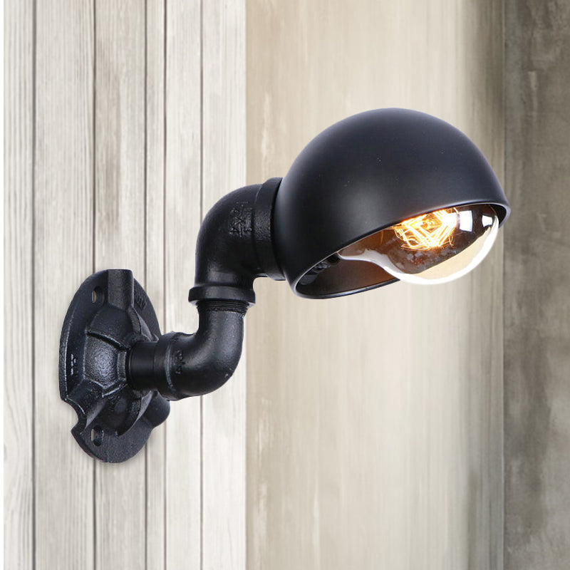 Dome Shade Iron Wall Light Fixture Industrial 1 Light Bedroom Sconce Light with Pipe Design in Black Clearhalo 'Art deco wall lights' 'Cast Iron' 'Glass' 'Industrial wall lights' 'Industrial' 'Middle century wall lights' 'Modern' 'Rustic wall lights' 'Tiffany' 'Traditional wall lights' 'Wall Lamps & Sconces' 'Wall Lights' Lighting' 980664