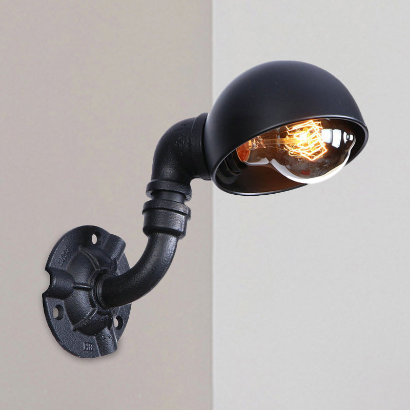 Dome Shade Iron Wall Light Fixture Industrial 1 Light Bedroom Sconce Light with Pipe Design in Black Clearhalo 'Art deco wall lights' 'Cast Iron' 'Glass' 'Industrial wall lights' 'Industrial' 'Middle century wall lights' 'Modern' 'Rustic wall lights' 'Tiffany' 'Traditional wall lights' 'Wall Lamps & Sconces' 'Wall Lights' Lighting' 980667