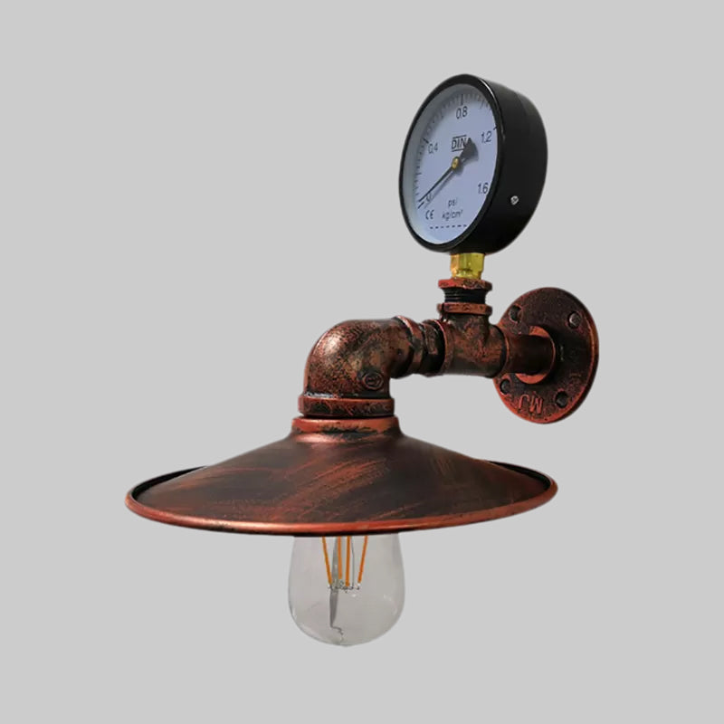 1 Bulb Flared Wall Lighting with Gauge Deco Vintage Industrial Black/Weathered Copper Metallic Sconce Lamp Clearhalo 'Art deco wall lights' 'Cast Iron' 'Glass' 'Industrial wall lights' 'Industrial' 'Middle century wall lights' 'Modern' 'Rustic wall lights' 'Tiffany' 'Traditional wall lights' 'Wall Lamps & Sconces' 'Wall Lights' Lighting' 980671