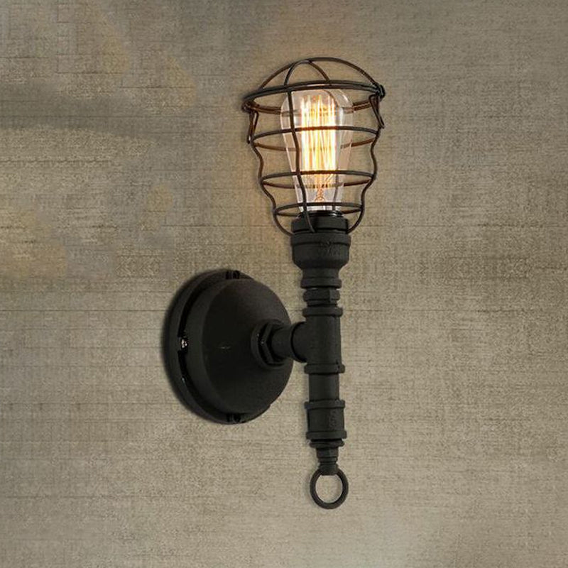 Vintage Industrial Caged Sconce Lamp 1 Light Metal Wall Mount Light with Water Pipe in Black for Dining Room Clearhalo 'Art deco wall lights' 'Cast Iron' 'Glass' 'Industrial wall lights' 'Industrial' 'Middle century wall lights' 'Modern' 'Rustic wall lights' 'Tiffany' 'Traditional wall lights' 'Wall Lamps & Sconces' 'Wall Lights' Lighting' 980678