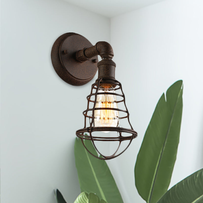 Wire Frame Iron Sconce Wall Light with Pipe Farmhouse 1 Head Dining Room Mini Wall Light Fixture in Rust Clearhalo 'Art deco wall lights' 'Cast Iron' 'Glass' 'Industrial wall lights' 'Industrial' 'Middle century wall lights' 'Modern' 'Rustic wall lights' 'Tiffany' 'Traditional wall lights' 'Wall Lamps & Sconces' 'Wall Lights' Lighting' 980680