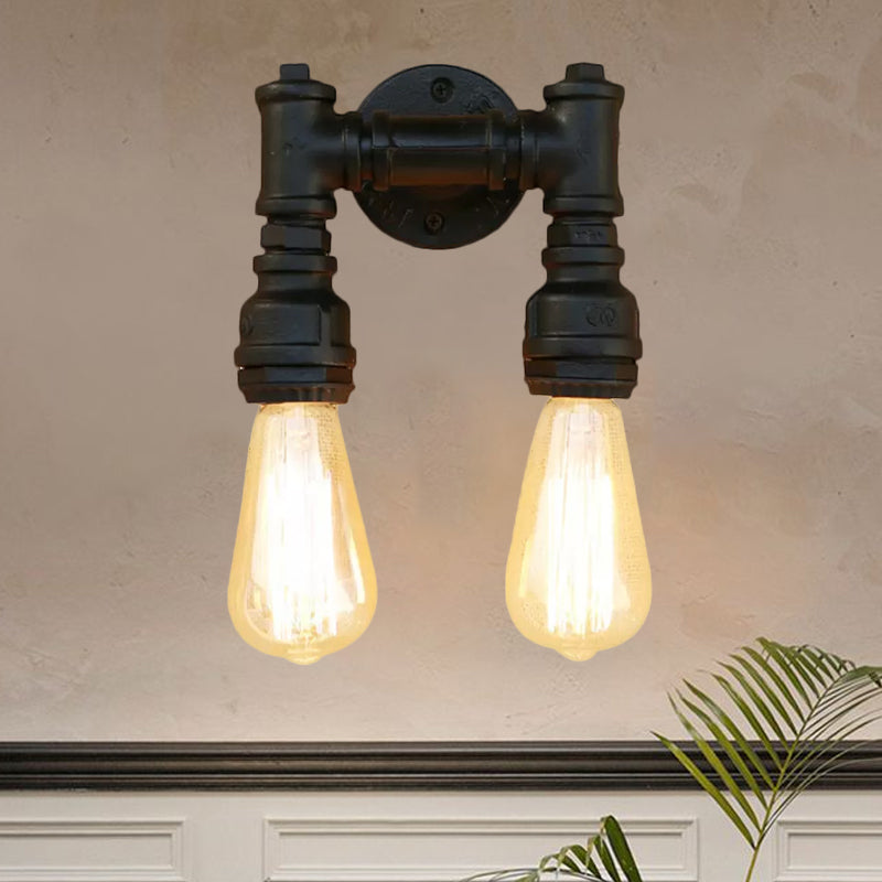 Industrial Bare Bulb Wall Sconce Lighting with Water Pipe 2 Lights Metallic Wall Mounted Lamp in Black/Antique Brass Clearhalo 'Art deco wall lights' 'Cast Iron' 'Glass' 'Industrial wall lights' 'Industrial' 'Middle century wall lights' 'Modern' 'Rustic wall lights' 'Tiffany' 'Traditional wall lights' 'Wall Lamps & Sconces' 'Wall Lights' Lighting' 980693