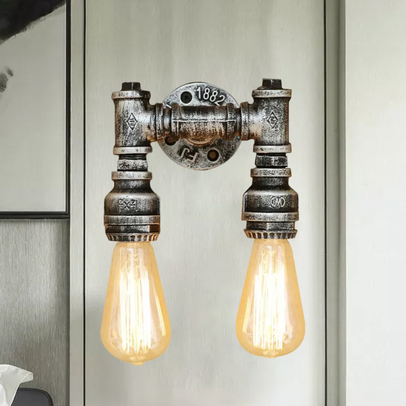 Industrial Bare Bulb Wall Sconce Lighting with Water Pipe 2 Lights Metallic Wall Mounted Lamp in Black/Antique Brass Clearhalo 'Art deco wall lights' 'Cast Iron' 'Glass' 'Industrial wall lights' 'Industrial' 'Middle century wall lights' 'Modern' 'Rustic wall lights' 'Tiffany' 'Traditional wall lights' 'Wall Lamps & Sconces' 'Wall Lights' Lighting' 980694