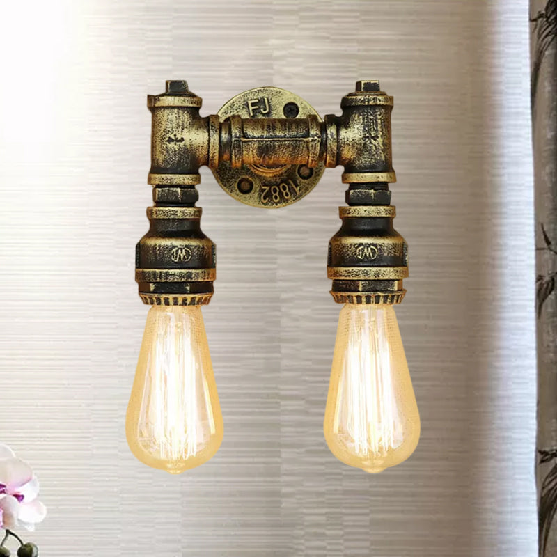 Industrial Bare Bulb Wall Sconce Lighting with Water Pipe 2 Lights Metallic Wall Mounted Lamp in Black/Antique Brass Clearhalo 'Art deco wall lights' 'Cast Iron' 'Glass' 'Industrial wall lights' 'Industrial' 'Middle century wall lights' 'Modern' 'Rustic wall lights' 'Tiffany' 'Traditional wall lights' 'Wall Lamps & Sconces' 'Wall Lights' Lighting' 980695