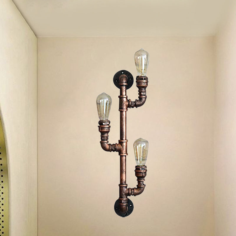 Warehouse Water Pipe Wall Sconce Lamp with Exposed Bulb 2/3 Lights Iron Wall Light Fixture in Weathered Copper Clearhalo 'Art deco wall lights' 'Cast Iron' 'Glass' 'Industrial wall lights' 'Industrial' 'Middle century wall lights' 'Modern' 'Rustic wall lights' 'Tiffany' 'Traditional wall lights' 'Wall Lamps & Sconces' 'Wall Lights' Lighting' 980696
