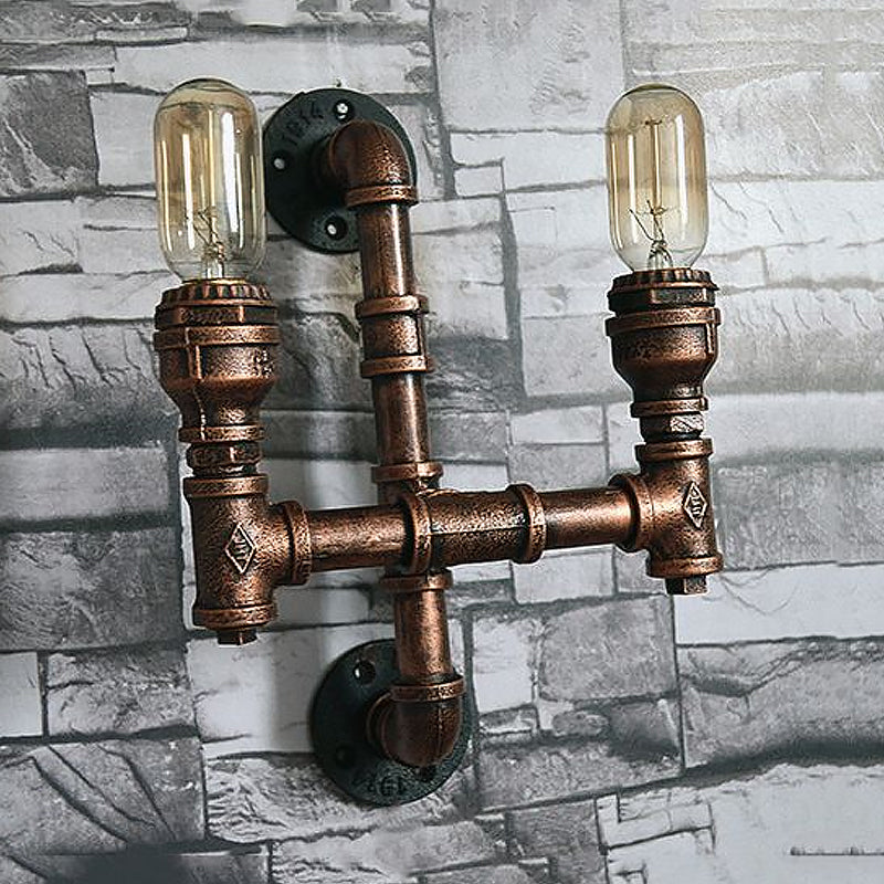 Warehouse Water Pipe Wall Sconce Lamp with Exposed Bulb 2/3 Lights Iron Wall Light Fixture in Weathered Copper Clearhalo 'Art deco wall lights' 'Cast Iron' 'Glass' 'Industrial wall lights' 'Industrial' 'Middle century wall lights' 'Modern' 'Rustic wall lights' 'Tiffany' 'Traditional wall lights' 'Wall Lamps & Sconces' 'Wall Lights' Lighting' 980697