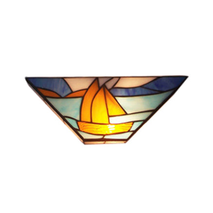 1 Head Sea Wall Light with Boat Nautical Stylish Stained Glass Wall Lamp in Blue for Dining Room Blue Clearhalo 'Industrial' 'Middle century wall lights' 'Tiffany wall lights' 'Tiffany' 'Wall Lamps & Sconces' 'Wall Lights' Lighting' 98126