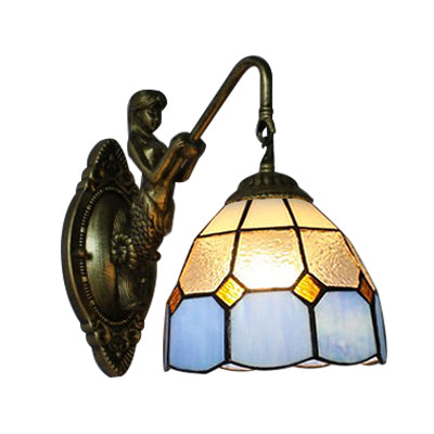Blue Glass Grid Patterned Wall Mounted Light Tiffany 1 Head Antique Brass Sconce Light Clearhalo 'Industrial' 'Middle century wall lights' 'Tiffany wall lights' 'Tiffany' 'Wall Lamps & Sconces' 'Wall Lights' Lighting' 98128
