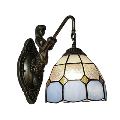 Blue Glass Grid Patterned Wall Mounted Light Tiffany 1 Head Antique Brass Sconce Light Clearhalo 'Industrial' 'Middle century wall lights' 'Tiffany wall lights' 'Tiffany' 'Wall Lamps & Sconces' 'Wall Lights' Lighting' 98129