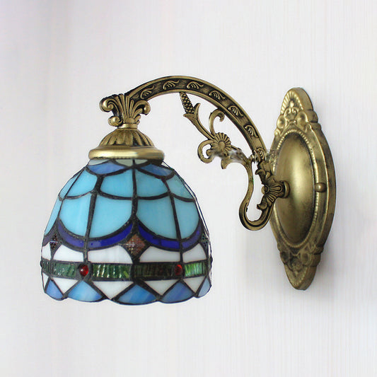 Stained Glass Domed Wall Lamp with Carved Arm 1 Light Tiffany Traditional Wall Lamp in Blue Clearhalo 'Industrial' 'Middle century wall lights' 'Tiffany wall lights' 'Tiffany' 'Wall Lamps & Sconces' 'Wall Lights' Lighting' 98141