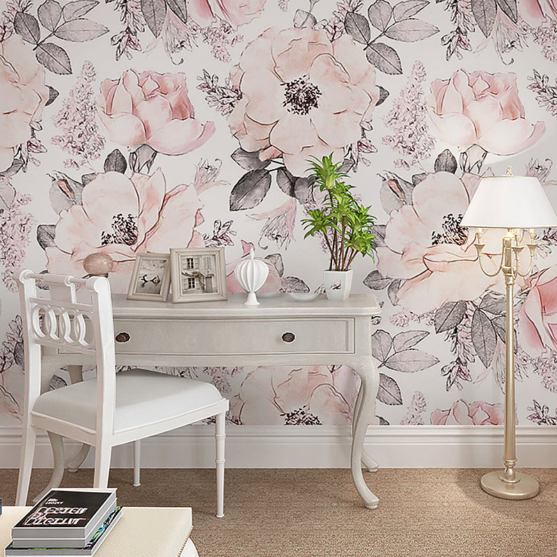 Romantic Grey and Pink Mural Wallpaper with Floral Design for Bedroom, Non-Woven Material Clearhalo 'Wall Decor' 'Wall Mural' 982286