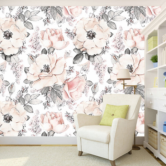 Romantic Grey and Pink Mural Wallpaper with Floral Design for Bedroom, Non-Woven Material Clearhalo 'Wall Decor' 'Wall Mural' 982287