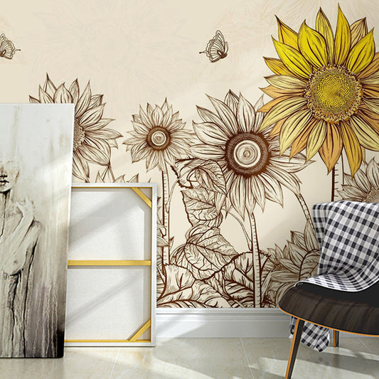 Sunflower Wall Art in Yellow, Nostalgic Countryside Mural Wallpaper for Home Decor Clearhalo 'Wall Decor' 'Wall Mural' 982291