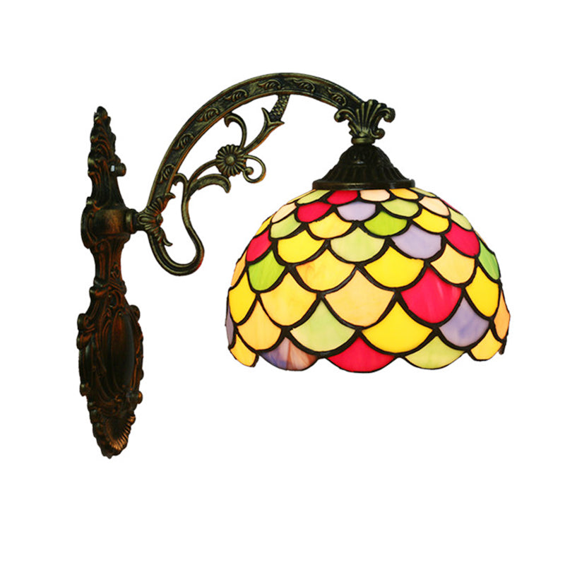 Fishscale Stained Art Glass Wall Lamp Tiffany 1 Bulb Brass Wall Sconce Light with Curved Arm Clearhalo 'Art deco wall lights' 'Cast Iron' 'Glass' 'Industrial' 'Middle century wall lights' 'Modern' 'Tiffany wall lights' 'Tiffany' 'Traditional wall lights' 'Wall Lamps & Sconces' 'Wall Lights' Lighting' 982464