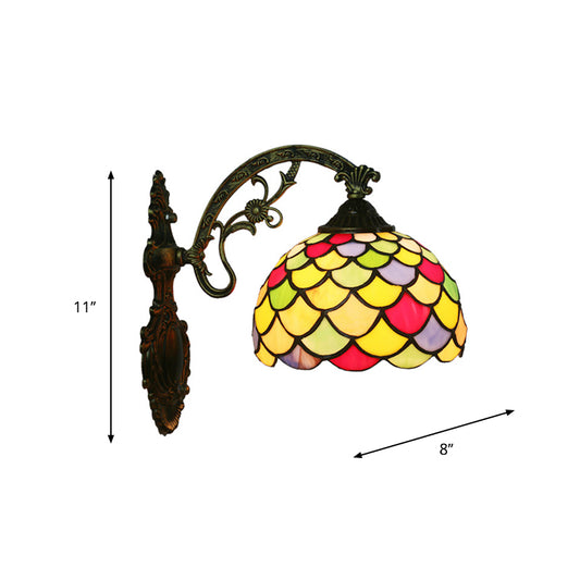 Fishscale Stained Art Glass Wall Lamp Tiffany 1 Bulb Brass Wall Sconce Light with Curved Arm Clearhalo 'Art deco wall lights' 'Cast Iron' 'Glass' 'Industrial' 'Middle century wall lights' 'Modern' 'Tiffany wall lights' 'Tiffany' 'Traditional wall lights' 'Wall Lamps & Sconces' 'Wall Lights' Lighting' 982465