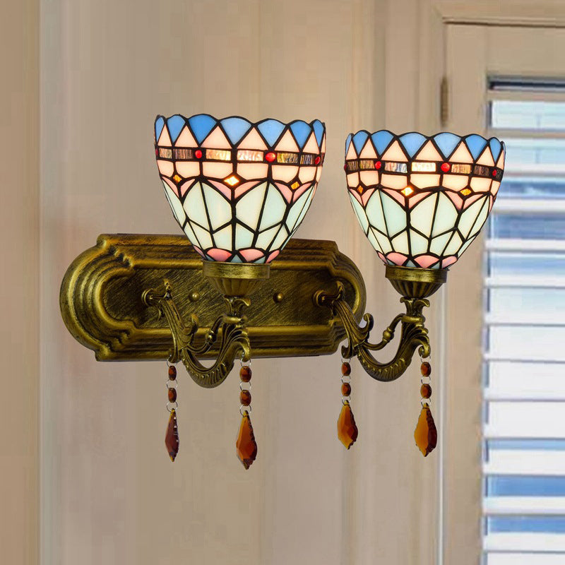 Handcrafted Glass Brass Sconce Light Geometric Pattern 2 Lights Tiffany-Style Wall Mounted Lighting Fixture Brass Clearhalo 'Art deco wall lights' 'Cast Iron' 'Glass' 'Industrial' 'Middle century wall lights' 'Modern' 'Tiffany wall lights' 'Tiffany' 'Traditional wall lights' 'Wall Lamps & Sconces' 'Wall Lights' Lighting' 982466