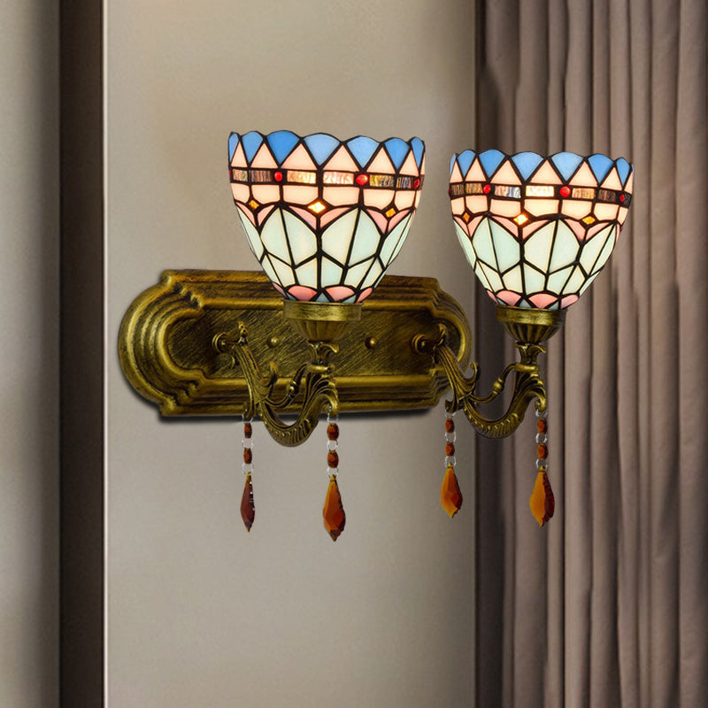 Handcrafted Glass Brass Sconce Light Geometric Pattern 2 Lights Tiffany-Style Wall Mounted Lighting Fixture Clearhalo 'Art deco wall lights' 'Cast Iron' 'Glass' 'Industrial' 'Middle century wall lights' 'Modern' 'Tiffany wall lights' 'Tiffany' 'Traditional wall lights' 'Wall Lamps & Sconces' 'Wall Lights' Lighting' 982467