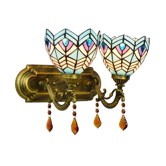 Ridged Bell Stained Glass Wall Lighting Mediterranean 2-Light Brass Vanity Light Fixture Clearhalo 'Art deco wall lights' 'Cast Iron' 'Glass' 'Industrial' 'Middle century wall lights' 'Modern' 'Tiffany wall lights' 'Tiffany' 'Traditional wall lights' 'Wall Lamps & Sconces' 'Wall Lights' Lighting' 982471