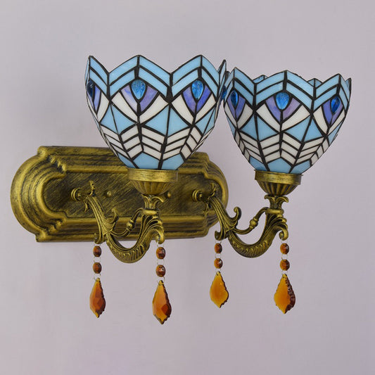 Ridged Bell Stained Glass Wall Lighting Mediterranean 2-Light Brass Vanity Light Fixture Clearhalo 'Art deco wall lights' 'Cast Iron' 'Glass' 'Industrial' 'Middle century wall lights' 'Modern' 'Tiffany wall lights' 'Tiffany' 'Traditional wall lights' 'Wall Lamps & Sconces' 'Wall Lights' Lighting' 982472