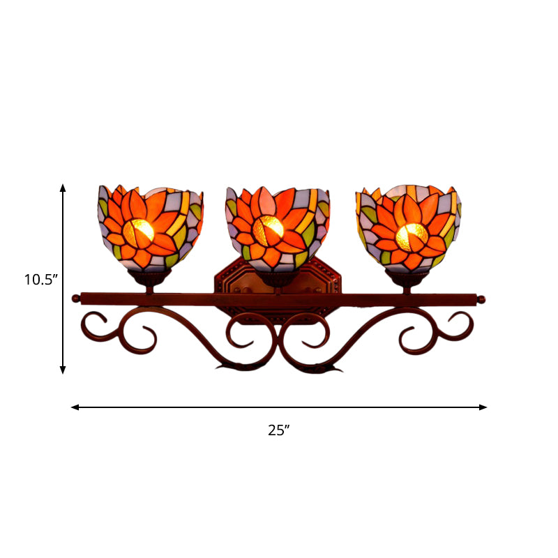 3 Lights Wall Lighting Fixture Tiffany Dome Sunflower-Pattern Stained Glass Sconce with Swirling Arm in Bronze Clearhalo 'Art deco wall lights' 'Cast Iron' 'Glass' 'Industrial' 'Middle century wall lights' 'Modern' 'Tiffany wall lights' 'Tiffany' 'Traditional wall lights' 'Wall Lamps & Sconces' 'Wall Lights' Lighting' 982494